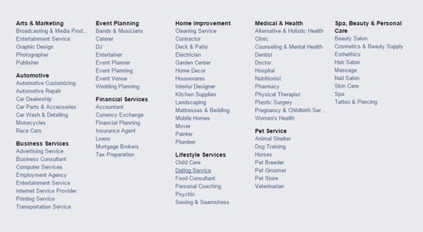 Facebook Example List of Categories