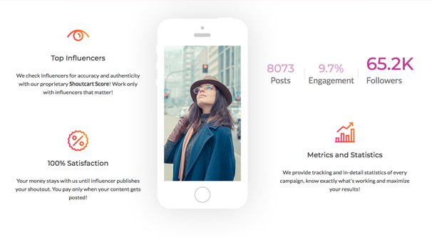 shoutcart like any good web business puts a bunch of selling points right on their homepage they call themselves the number one platform for influencer - selling instagram followers from shoutouts